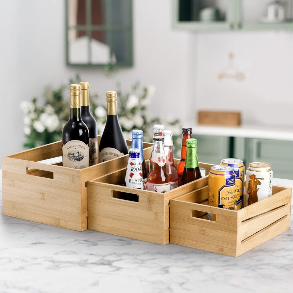 AVLA 3 Pack Bamboo Storage Crates, Nesting Decorative Storage Organizer Box, Vintage Container Bin with Handles, Countertop Baskets Display Risers for Home, Kitchen Pantry Cabinet, Shelf, Counter