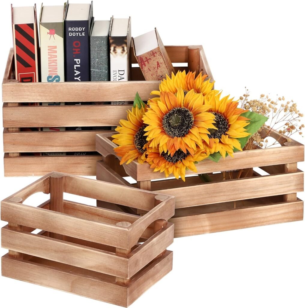 Houseables Wooden Crates, Rustic Wood Crate Set of 3, Brown, Decorative Storage Boxes, Farmhouse Decor Baskets, Stackable Vintage Bins, Nesting Basket For Organizing, Display, Crafts, Wine, Decoration
