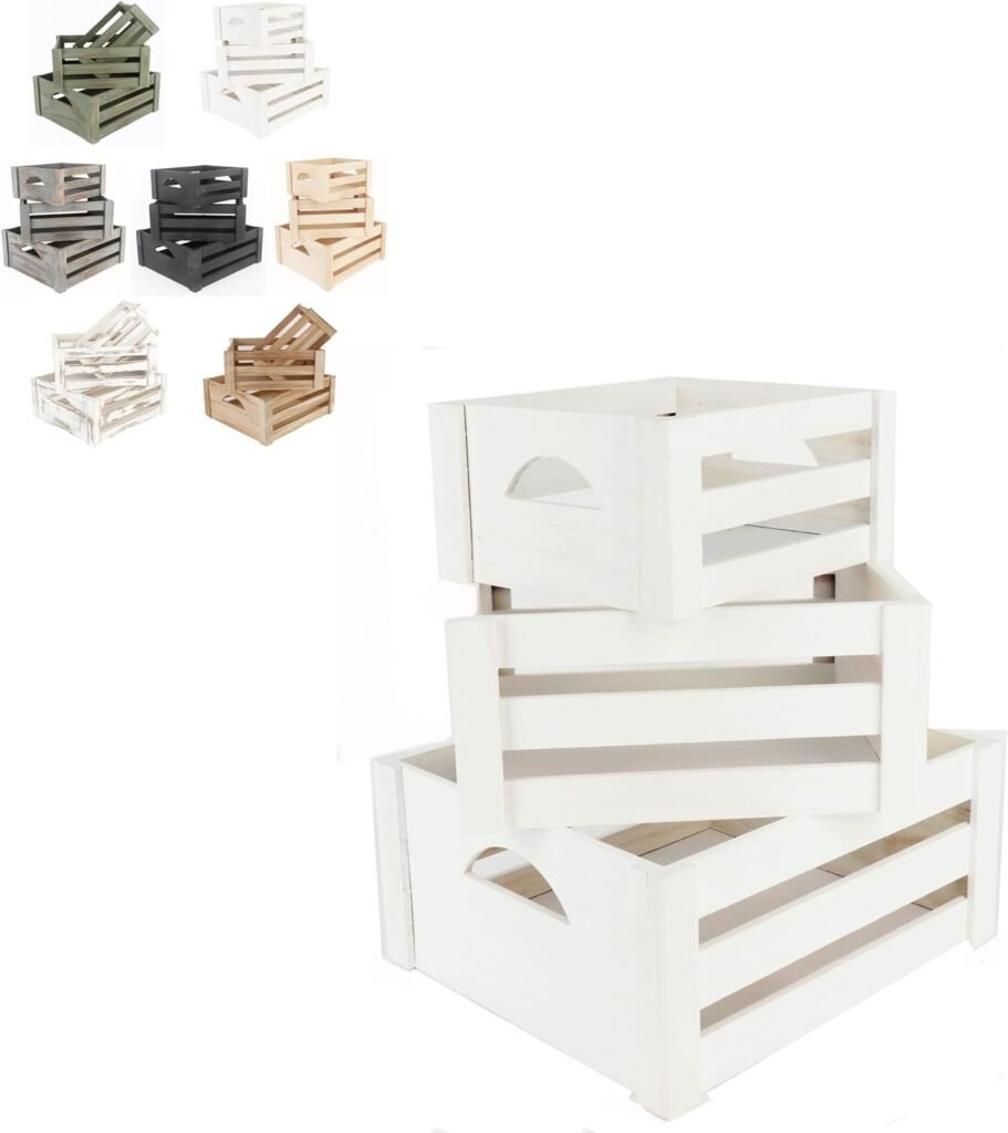 ITALIA Large 14.4 x 12.8 x 6.4 H (M) 12.4 x 10.8 x 5.6 H 3 PC Nested White Vintage Wood crates Multipurpose Wood Crafted
