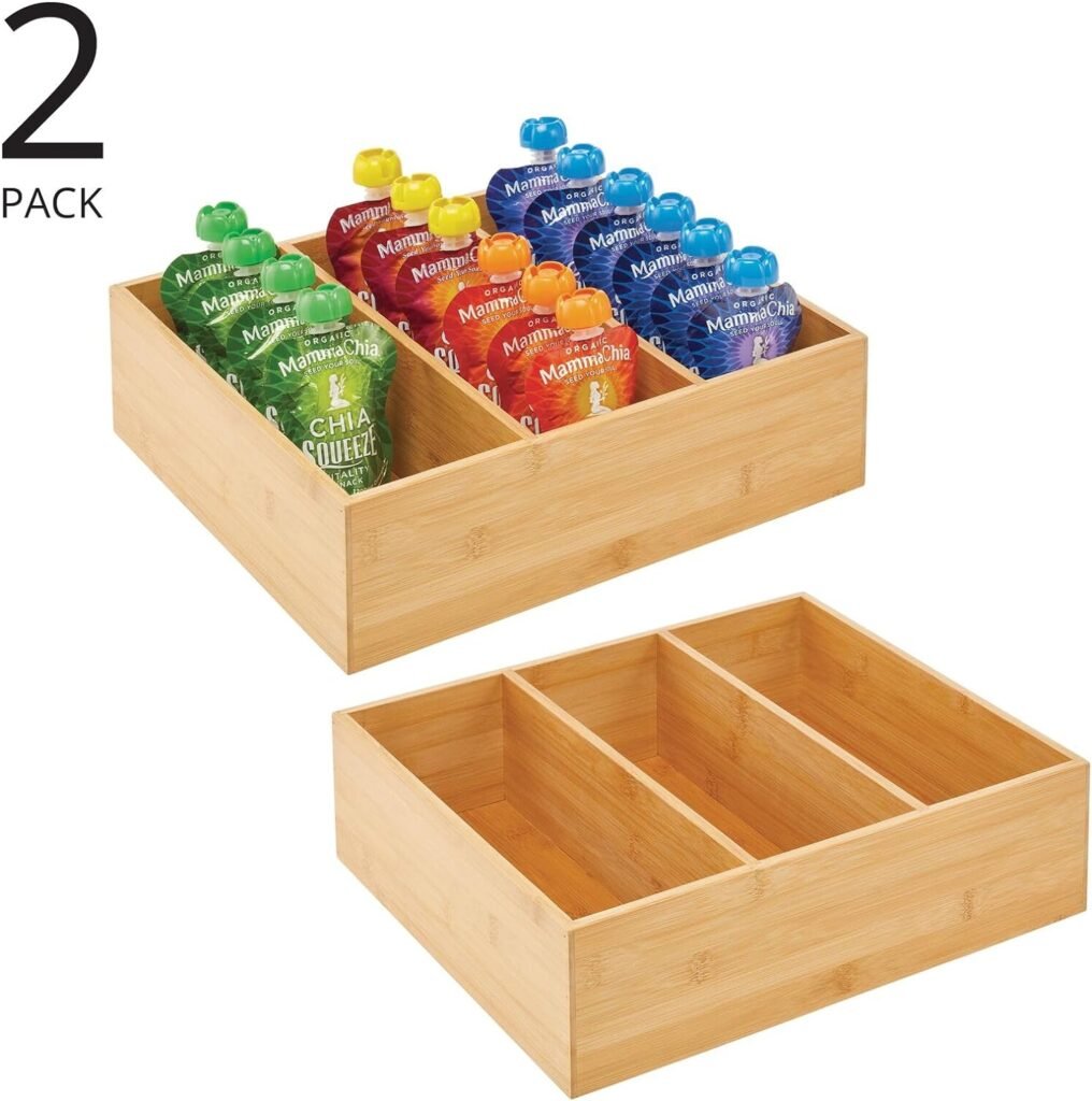 mDesign Bamboo Pantry Organizer Bin Box, 3 Sections - Wooden Stackable Basket Crates for Food, Produce, Vegetable Storage - Use on Shelves or in Closet, 2 Pack, Natural/Tan
