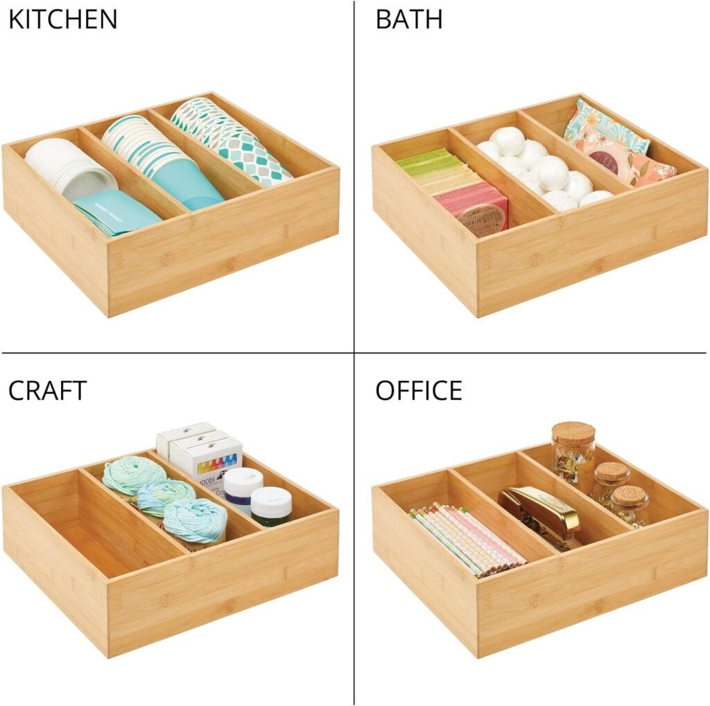 mDesign Bamboo Pantry Organizer Bin Box, 3 Sections - Wooden Stackable Basket Crates for Food, Produce, Vegetable Storage - Use on Shelves or in Closet, 2 Pack, Natural/Tan