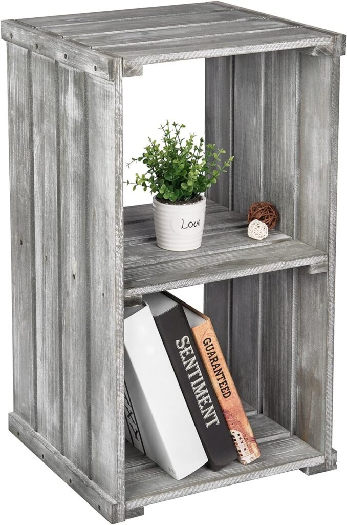 MyGift 26 Inch Tall End Table, Weathered Dark Gray Wood Crate Design Bookcase with 3 Tier Display Shelf, Wooden Bedroom Nightstand Cubby Storage Shelves