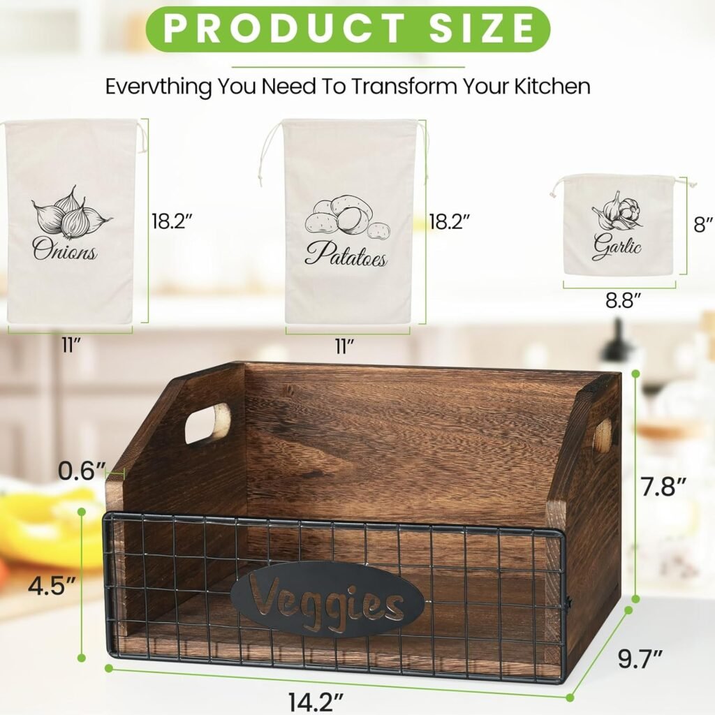 Potato and Onion Storage Bin, Kitchen Wooden Crate with Produce Bags, Wood Farmhouse Vegetable Baskets for Kitchen Counter, Wire Baskets Kitchen Organizers and Storage for Vegetable, Fruit, Snack