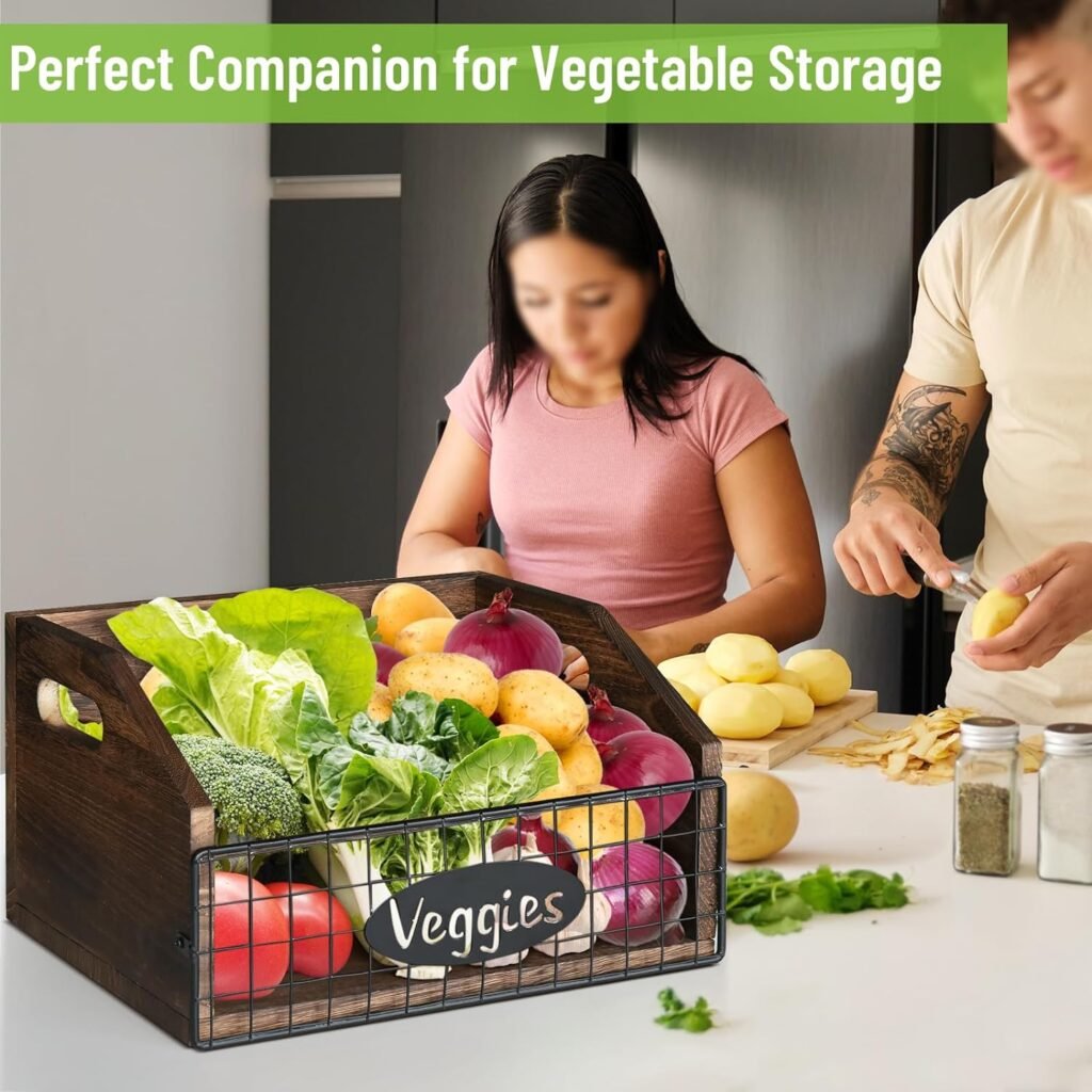 Potato and Onion Storage Bin, Kitchen Wooden Crate with Produce Bags, Wood Farmhouse Vegetable Baskets for Kitchen Counter, Wire Baskets Kitchen Organizers and Storage for Vegetable, Fruit, Snack