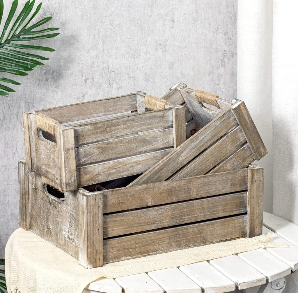 Set of 3 Rustic Wood Nesting Crates, Farmhouse Wooden Storage Container Boxes with Cutout Handles, Decorative Wooden Baskets for Display (Rustic Brown)