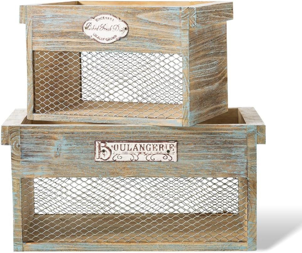 Vintage Wood Crates for Storage with Metal Trims (Set of 3, Light Green): Versatile Wooden Storage Boxes with Handles, Farmhouse Wooden Crates for Rustic Décor, Coutnry Style Boxes for Centerpieces