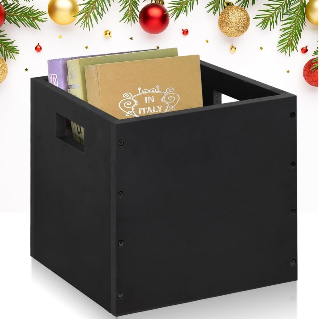 Wood Decorative Storage Cube Boxes with Handles, Rustic Black Large Storage Baskets For Shelves, Stackable Cube Containers Organizing Bins for Toy, Clothes, Books, Office, 11” x 11” x 11”