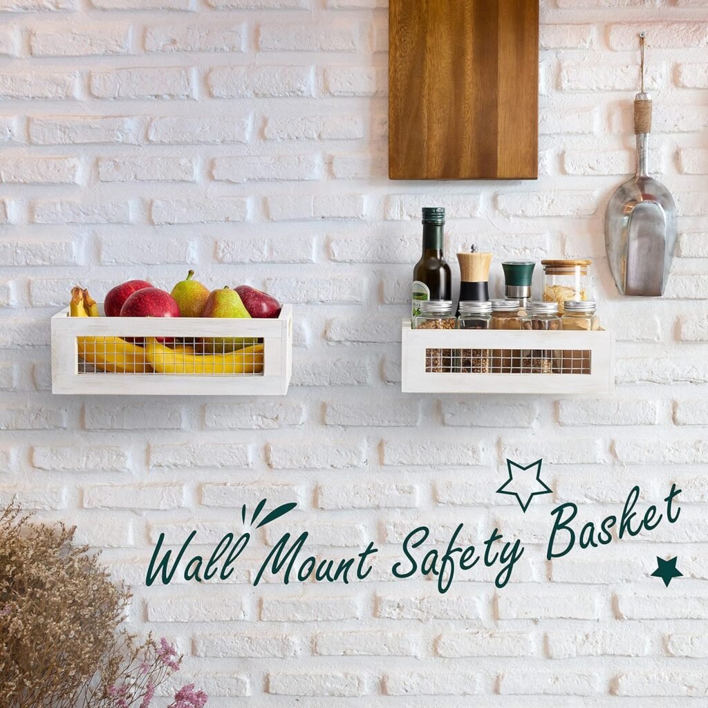 Wooden Countertop Baskets Set of 2 for Kitchen, Bathroom, Pantry|Wall Mount Upgrade with Full Accessories| Rustic Nesting Boxes|Wooden Organizer Crates for Fruit, Vegetables, Produce, Bread
