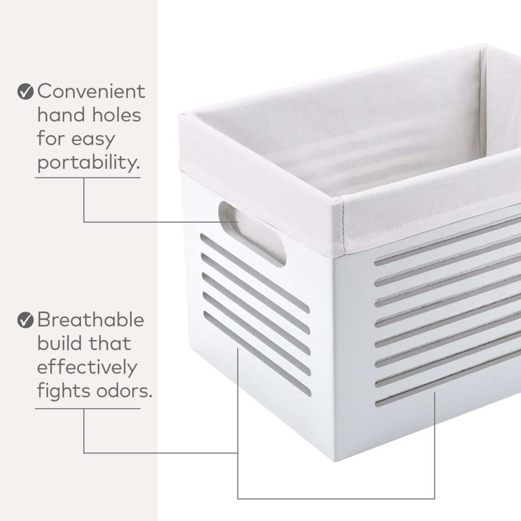 Wooden Storage Bin Container Crate - Decorative Storage Boxes Wood Crate for Closet Cabinet and Shelf Basket Organizer Lined with Machine Washable Soft Linen Fabric - White, Medium