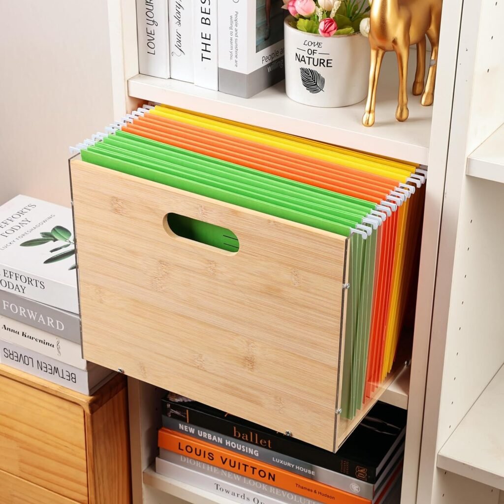 Bamboo File Organizer Box with Clear Acrylic, Record Storage Crate for Home and Office, Stylish and Durable Document Storage Solution - Perfect for Papers, Folders, and Desk Organization