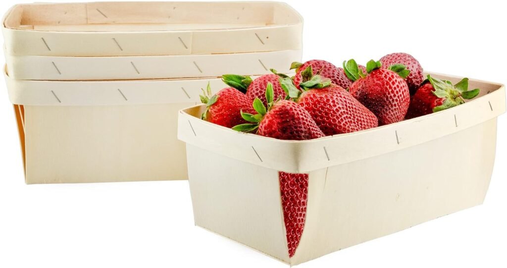 Cornucopia 2-Quart Wooden Fruit Baskets (4-Pack); Oblong Berry and Vegetable Baskets for Crafts, Gifts, and Farmers’ Market Display