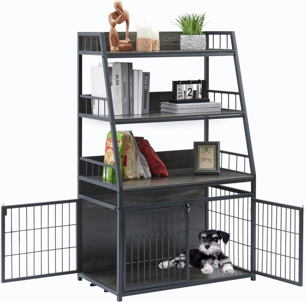 Furniture Style Dog Crate for Small/Medium/Large/X-Large Dog, Heavy Duty Anti-Chew Dog Kennel Furniture with 3 Doors, Wooden Decorative Indoor Basic Dog Cage with 3-Layer Storage Shelves