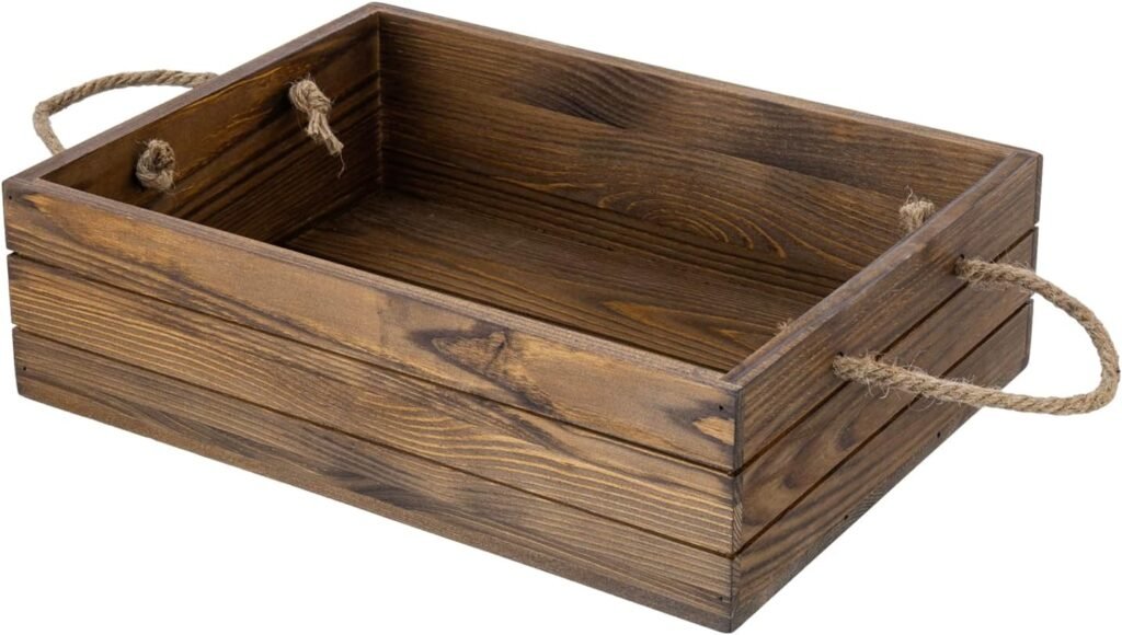 MyGift 15 Inch Large Rustic Brown Solid Wood Decorative Storage Box with Rope Carrying Handles, Country Style Wooden Crate, Farmhouse Pallet Design Open Top Bin