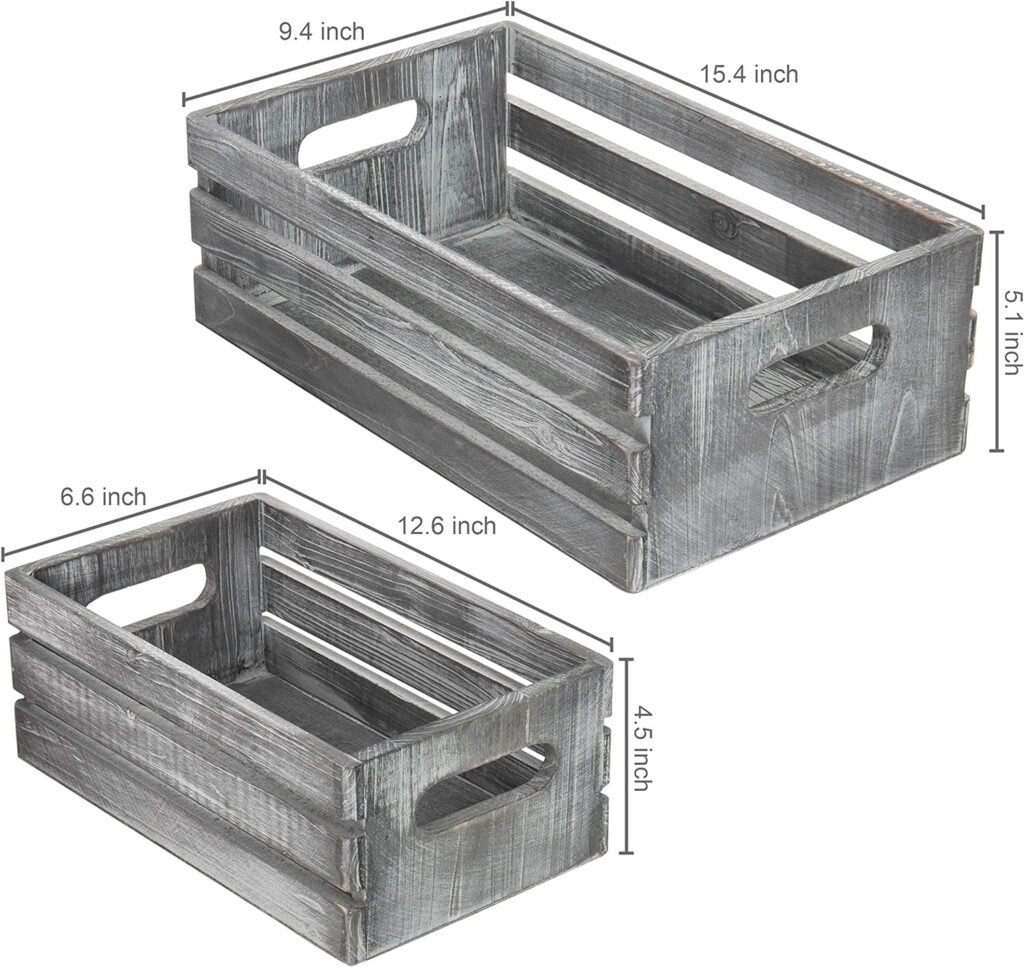 MyGift Rustic Brown Wood Decorative Storage Boxes with Cutout Handles - Country Style Nesting Crates, Open Top Pallet Design Bins, Set of 2