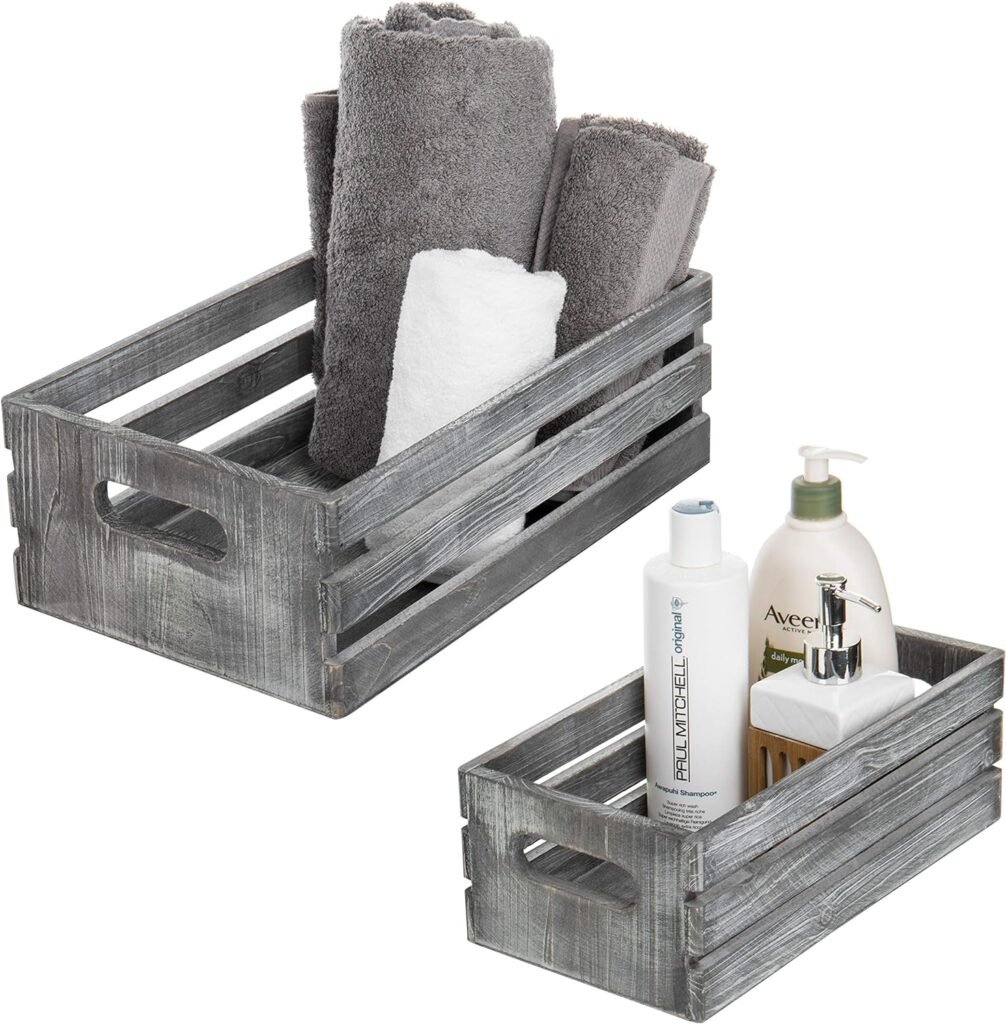 MyGift Rustic Dark Gray Wood Decorative Storage Boxes with Cutout Handles - Country Style Nesting Crates, Open Top Pallet Design Bins, Set of 2
