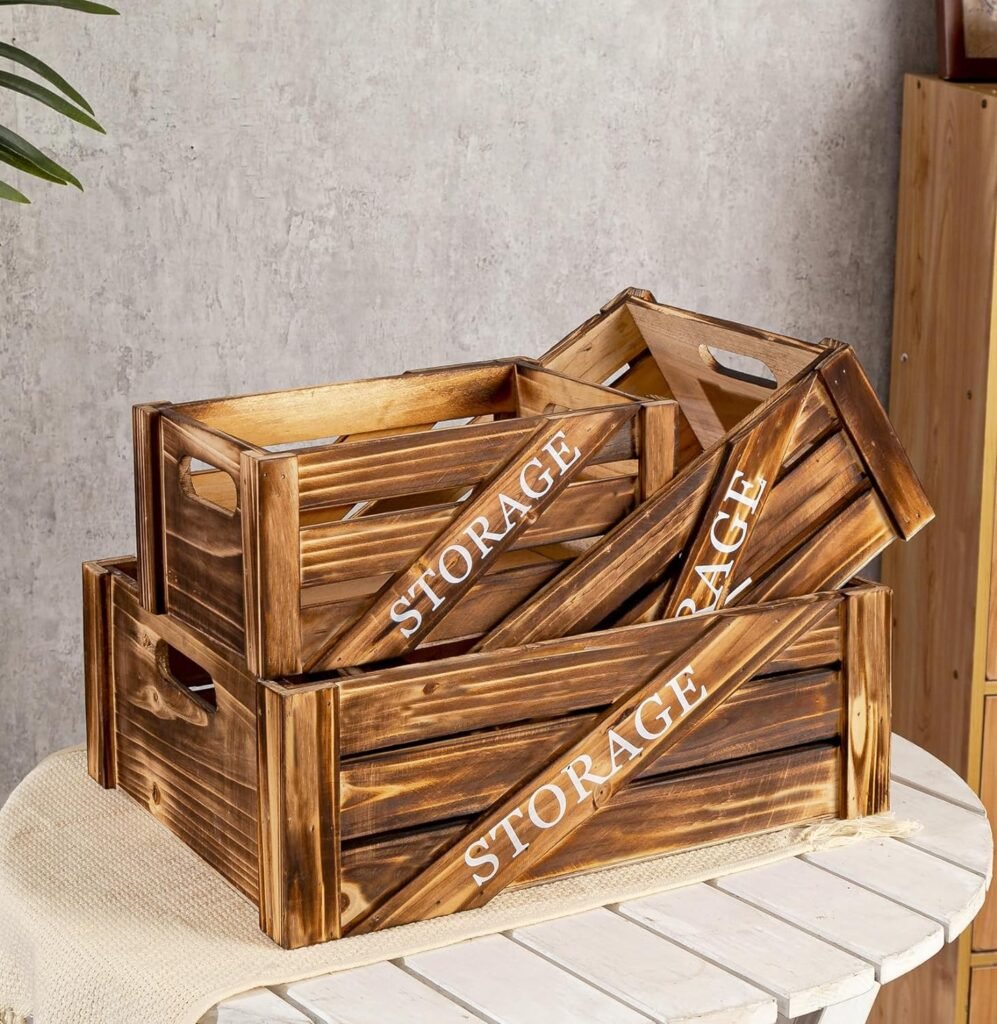 Set of 3 Large Decorative Wooden Crates, Rustic Nesting Storage Wood Crate Boxes with Handles, Farmhouse Stackable Wooden Containers for Display (Whitewash)