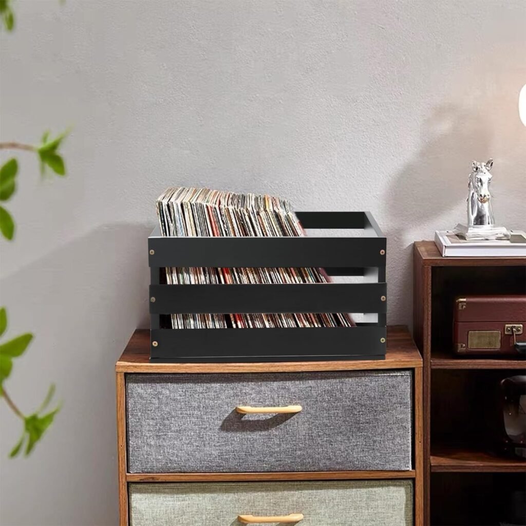 Vinyl Record Storage Crate, Wood Record Storage Box, Black