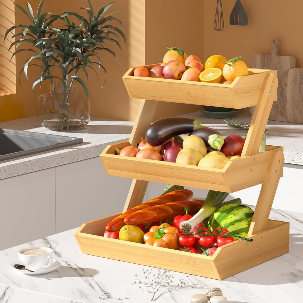 Amazer Wooden Fruit Basket for Kitchen, 3 Tiers Wooden Fruit Bowl for Fruit and Vegetable Storage - Large Capacity Kitchen Countertop Organizer for Fruit, Vegetables, Bread Storage