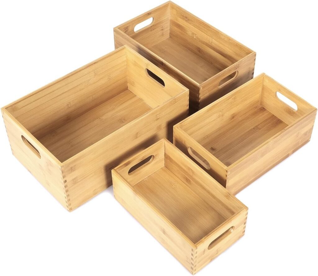 ANMINY 4PCS Natural Bamboo Wood Storage Bins Set Desktop Large Basket Box Kitchen Container with Wooden Handles Decorative Clothes Toys Laundry Closet Cabinet Shelf Large Small Drawer Organizer