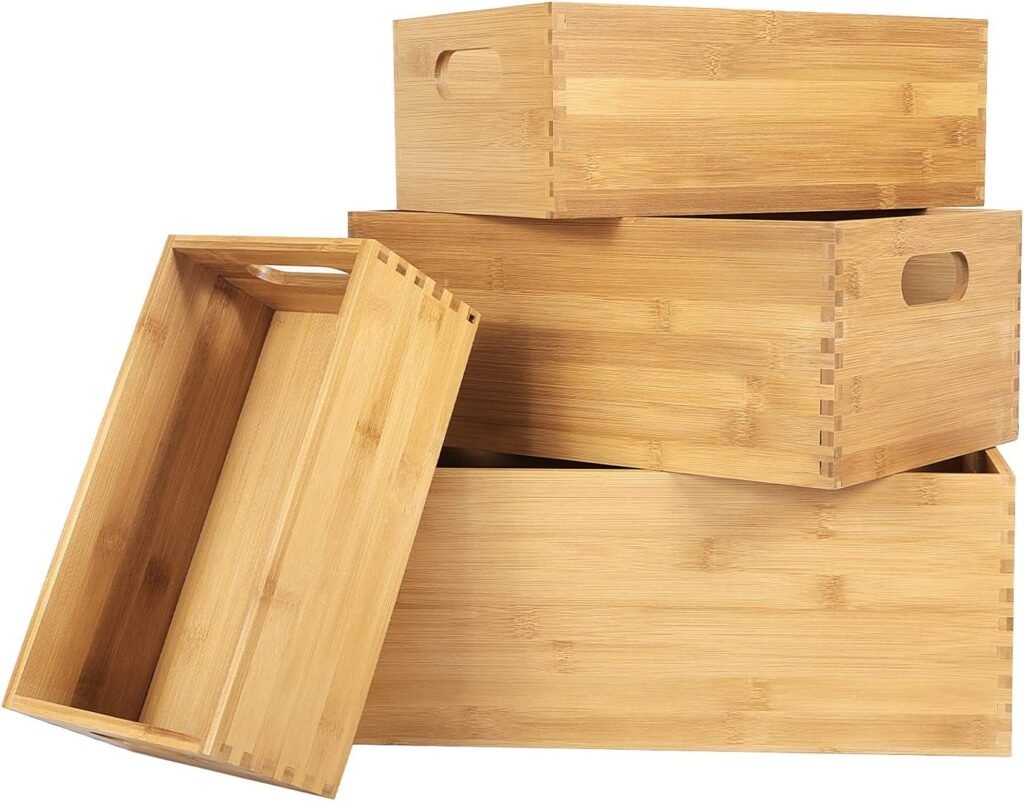 ANMINY 4PCS Natural Bamboo Wood Storage Bins Set Desktop Large Basket Box Kitchen Container with Wooden Handles Decorative Clothes Toys Laundry Closet Cabinet Shelf Large Small Drawer Organizer