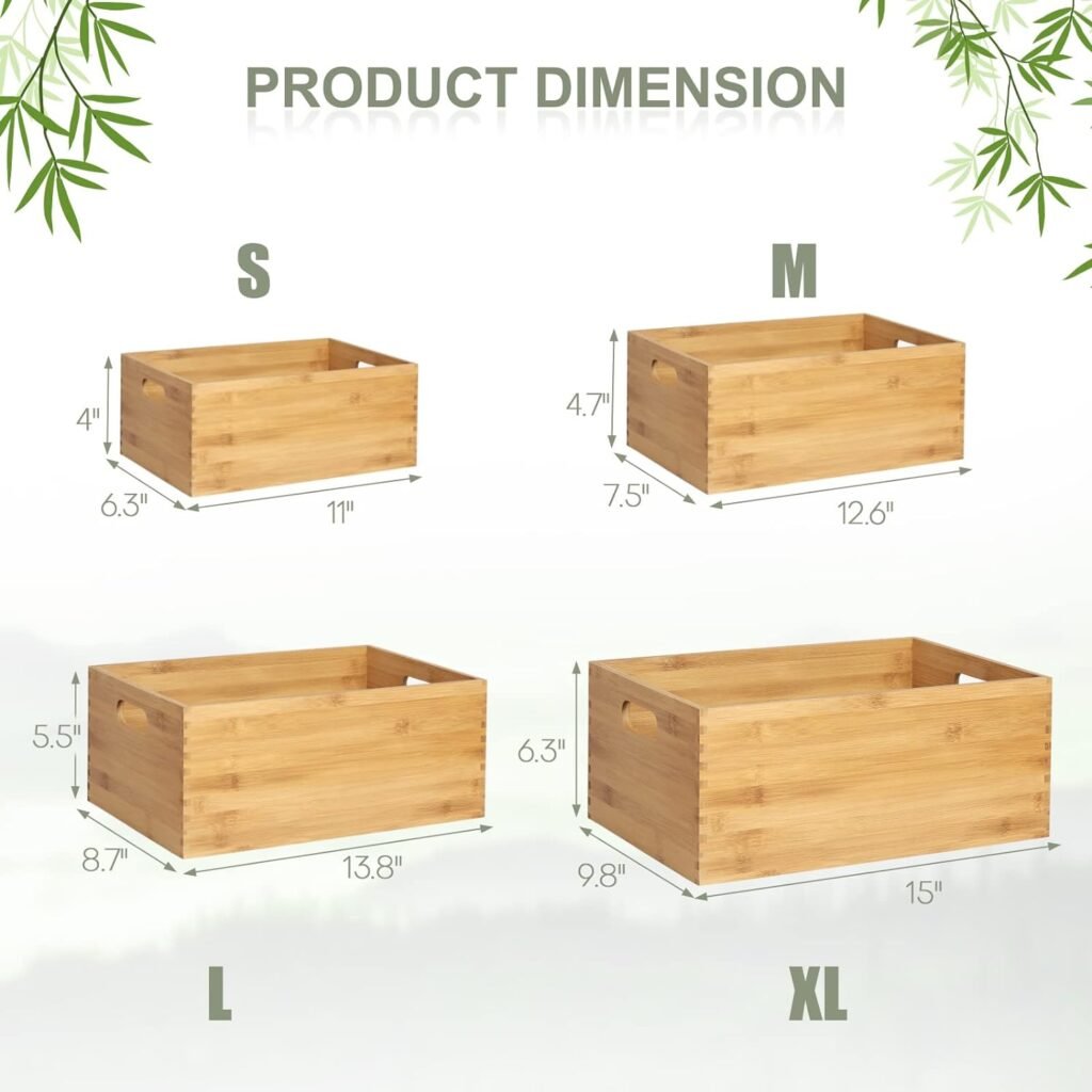 ANMINY 4PCS Natural Bamboo Wood Storage Bins Set Desktop Large Basket Box Kitchen Container with Wooden Handles Decorative Clothes Toys Laundry Closet Cabinet Shelf Large Small Drawer Organizer