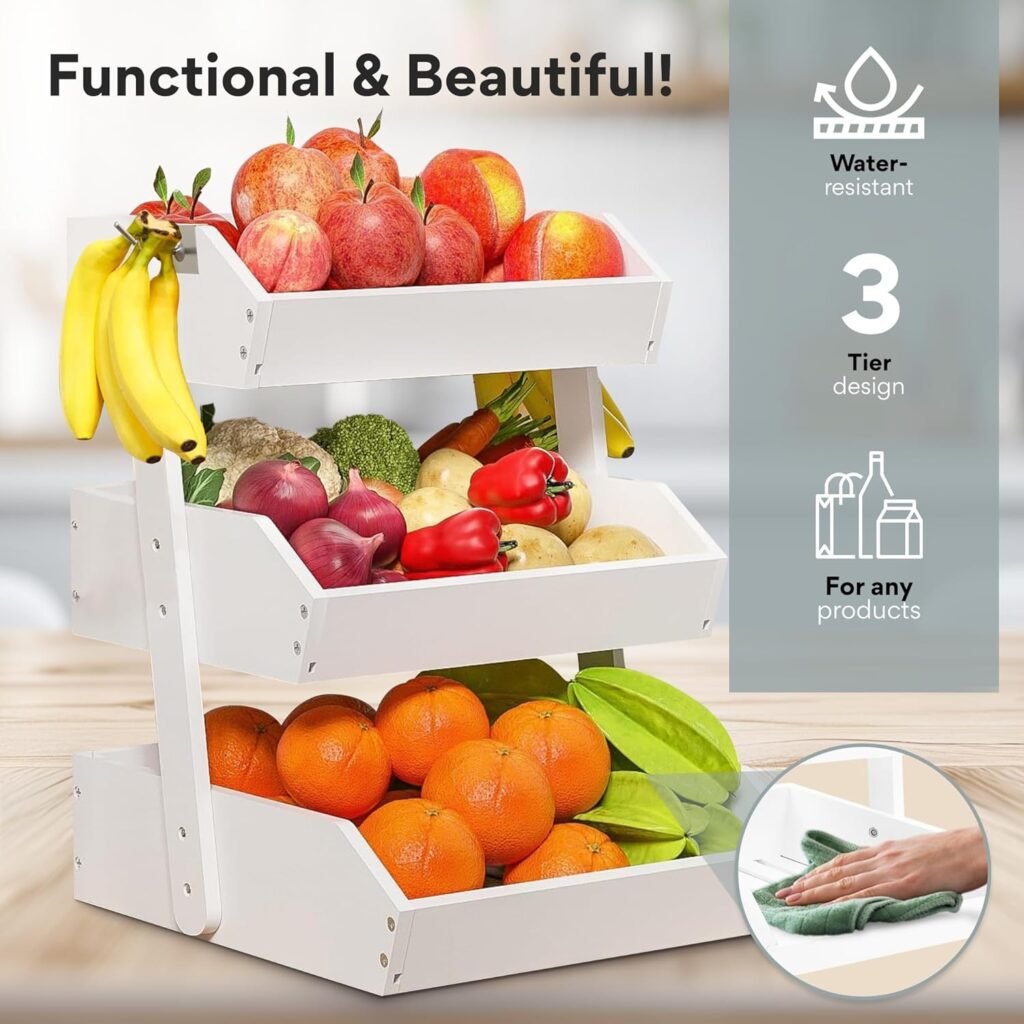 Bamboo Fruit Basket 3 Tier — 33+ Lbs Capacity, 12mm Thickness, Raised Bottom  2 Hooks — for Bread, Toiletries, Snacks, Seasonings - Fruit Bowl for Kitchen Counter, Dining Table, etc