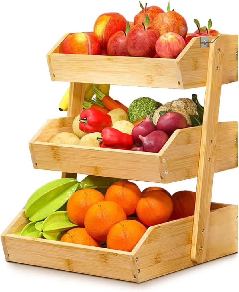 Bamboo Fruit Basket 3 Tier — 33+ Lbs Capacity, 12mm Thickness, Raised Bottom  2 Hooks — for Bread, Toiletries, Snacks, Seasonings - Fruit Bowl for Kitchen Counter, Dining Table, etc