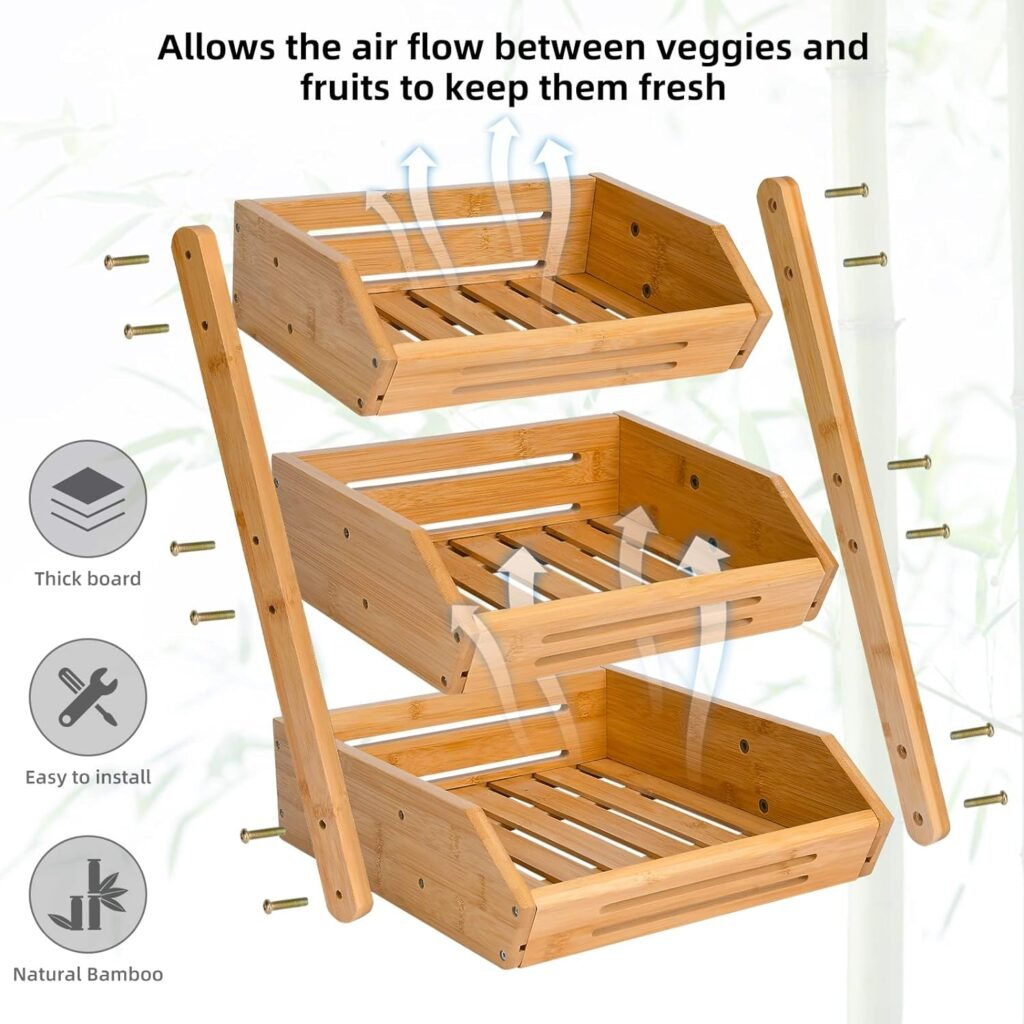 Fruit Basket, 2 Tier Bamboo Fruit Basket for Kitchen, 11 Tall Fruit Stand Storage Holder, Heavy Duty/Multipurpose/Large Capacity for Vegetables, Fruit, and Snack, 15 mm Thickness (Self-assembly)