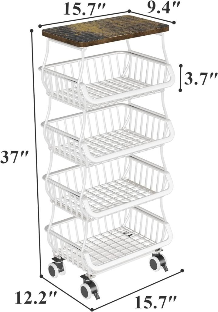Fruit Basket for Kitchen with Wood Top 5 Tier, SAYZH Stackable Fruit and Vegetable Storage Cart, Wire Storage Basket with Wheels, Vegetable Basket Bins Rack for Onions and Potatoes, White