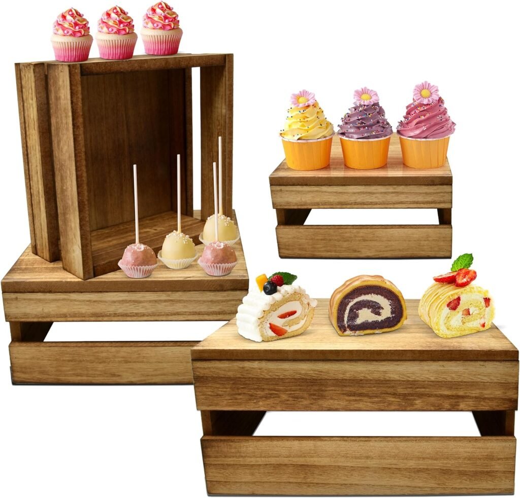Gift Boutique Set of 4 Wooden Cake Display Stand Square Cupcake Stands Decorative Dessert Appetizer Cakes Holder Rustic Wood Risers Crate Base Tray for Wedding Table Decorations  Storage Organizer