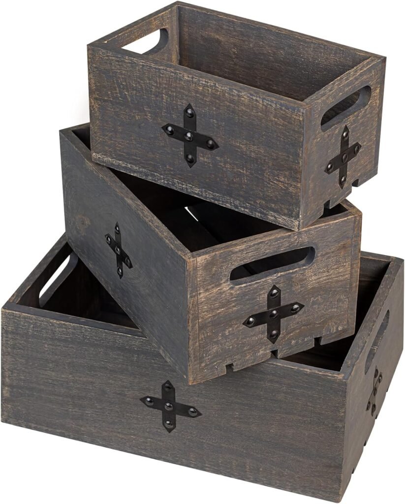 GoCraft Wooden Crate Decorative Boxes | Set of 3 Various Size Nesting Rustic Stackable Wood Crates for Display, Decor | Solid Wood Storage Organizer Box Basket Container Bin with Cut-out Handles