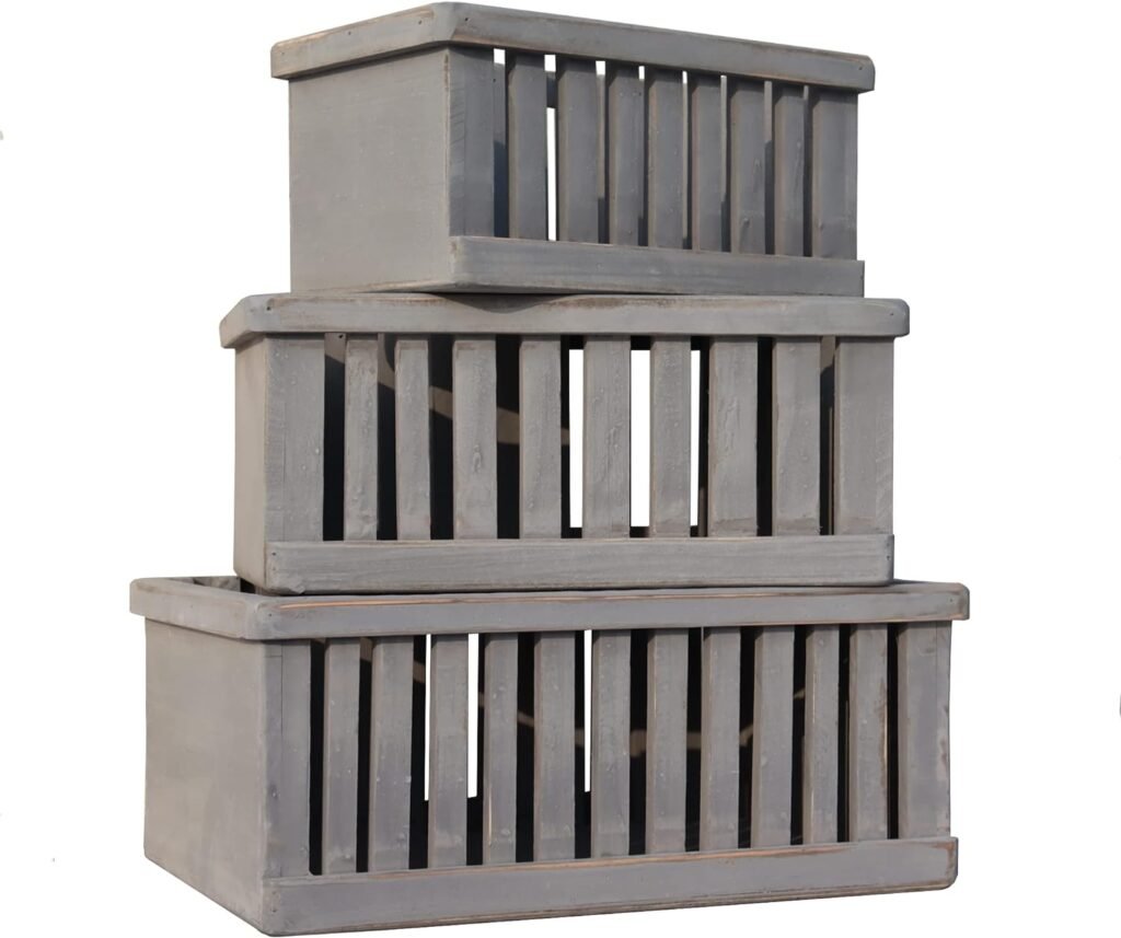 LEKUAIJIA Wood Crates for vintage decorative display, Wooden Boxes farmhouse style, Storage Boxes, Decorative Boxes, Nesting Wooden Crates made from 100% Wood(Grey, Set of 3)