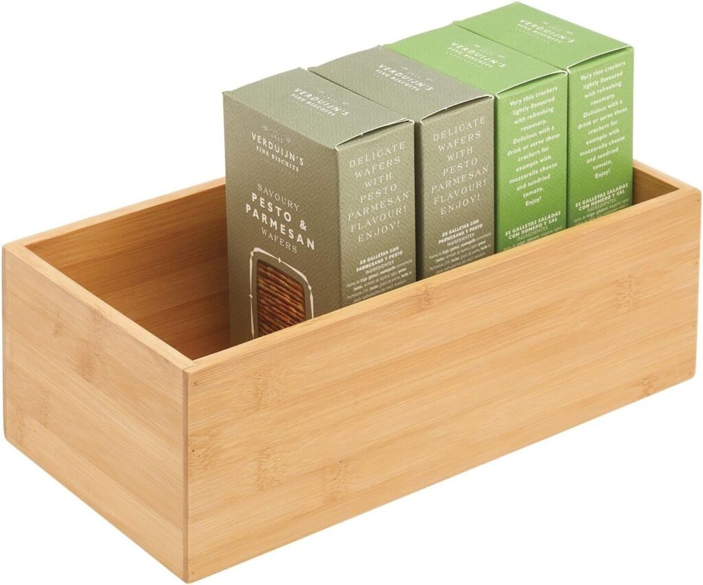 mDesign Bamboo Wood Organizer Storage Bin Box for Kitchen, Pantry, and Drawer Organization; Holder for Snacks, Juice Boxes, Utensils, Tea, Coffee - Echo Collection - Natural