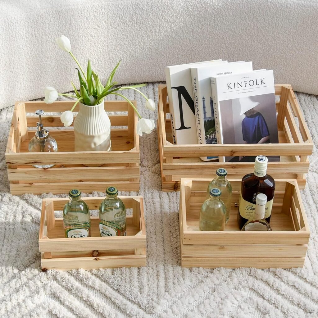 UPPER DECOR Large Wooden Crates Unfinished Set of 4 Decorative Storage Box with Handles, Rustic Farmhouse Wooden Crates for Display, Living Room Container Basket Box for Kitchen, Pantry, Bedroom