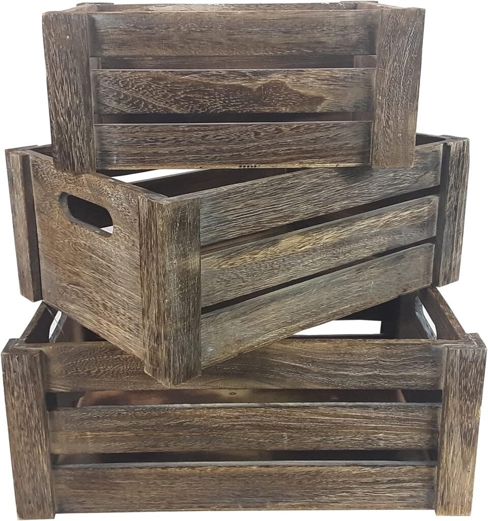 Admired By Nature Wooden Crates Storage Container, Rustic Light Brown Set of 3, Farmhouse Style Decorative Baskets for Home Decor, Rustic Decor, Nesting Stackable Organizers, Distressed Wood Crates