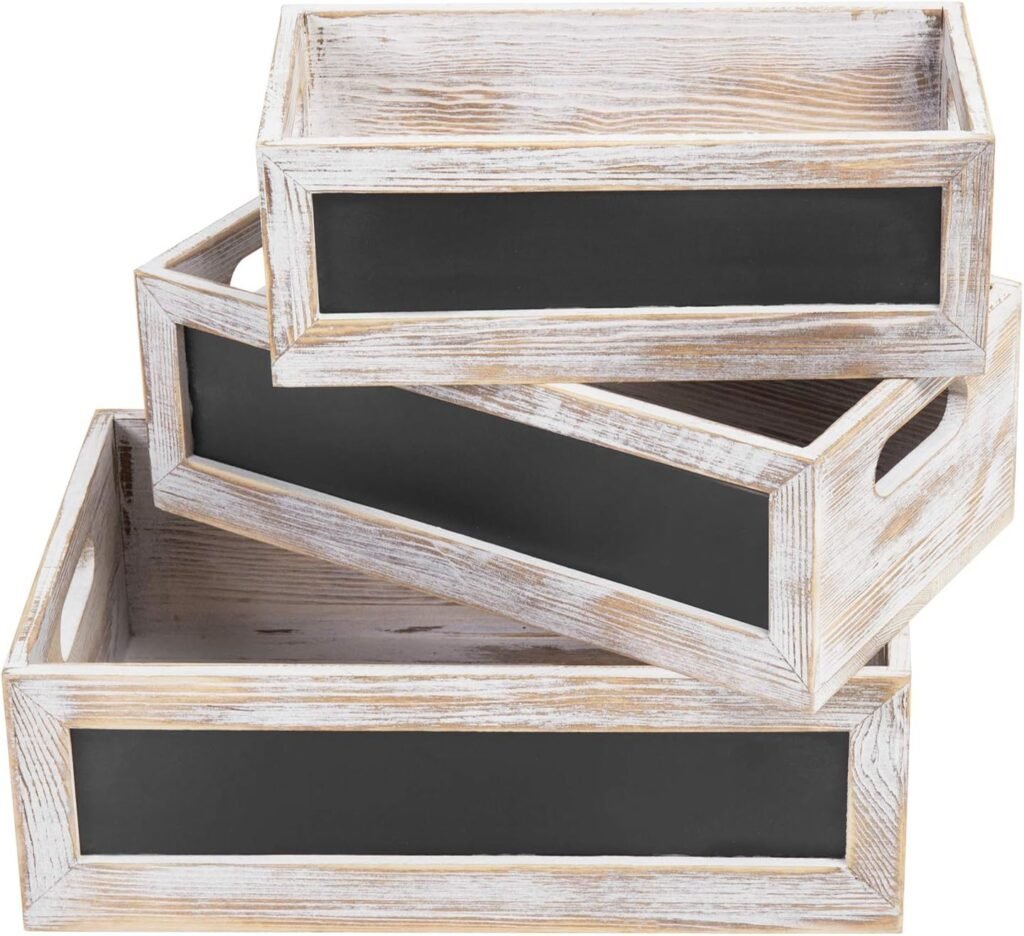 MyGift Nesting Wooden Crates, Whitewashed Wood Decorative Storage Organizer Bin with Chalkboard Front Panel, Multipurpose Box for Bathroom Kitchen Laundry Fruits  Vegetables Storage Crate, 3 Pc Set