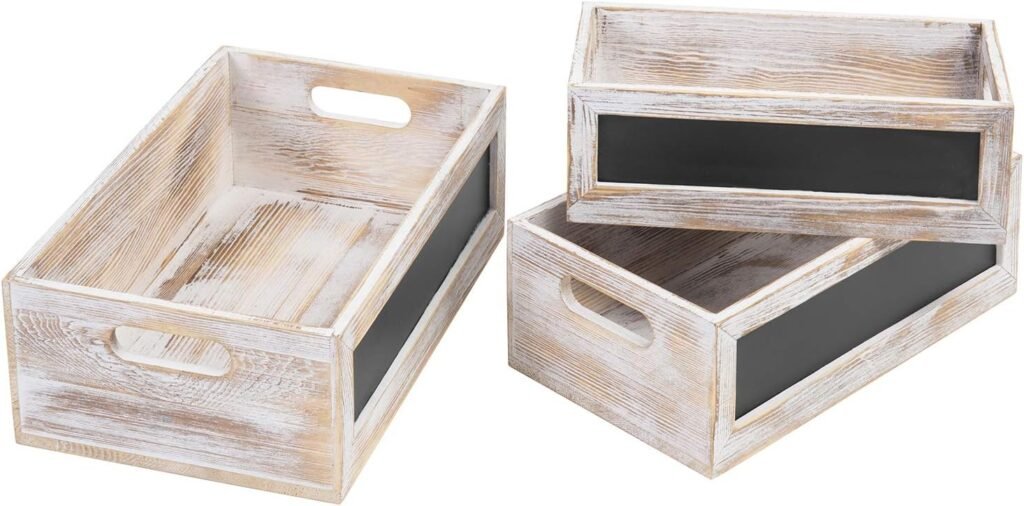 MyGift Nesting Wooden Crates, Whitewashed Wood Decorative Storage Organizer Bin with Chalkboard Front Panel, Multipurpose Box for Bathroom Kitchen Laundry Fruits  Vegetables Storage Crate, 3 Pc Set