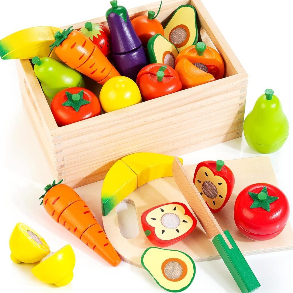 Wooden Play Food for Toddlers, Velcro Fruit and Veggies Cutting Set for Kids, Pretend Food Play Kitchen Accessories for 3 4 5 6 7 Years Old Boys  Girls