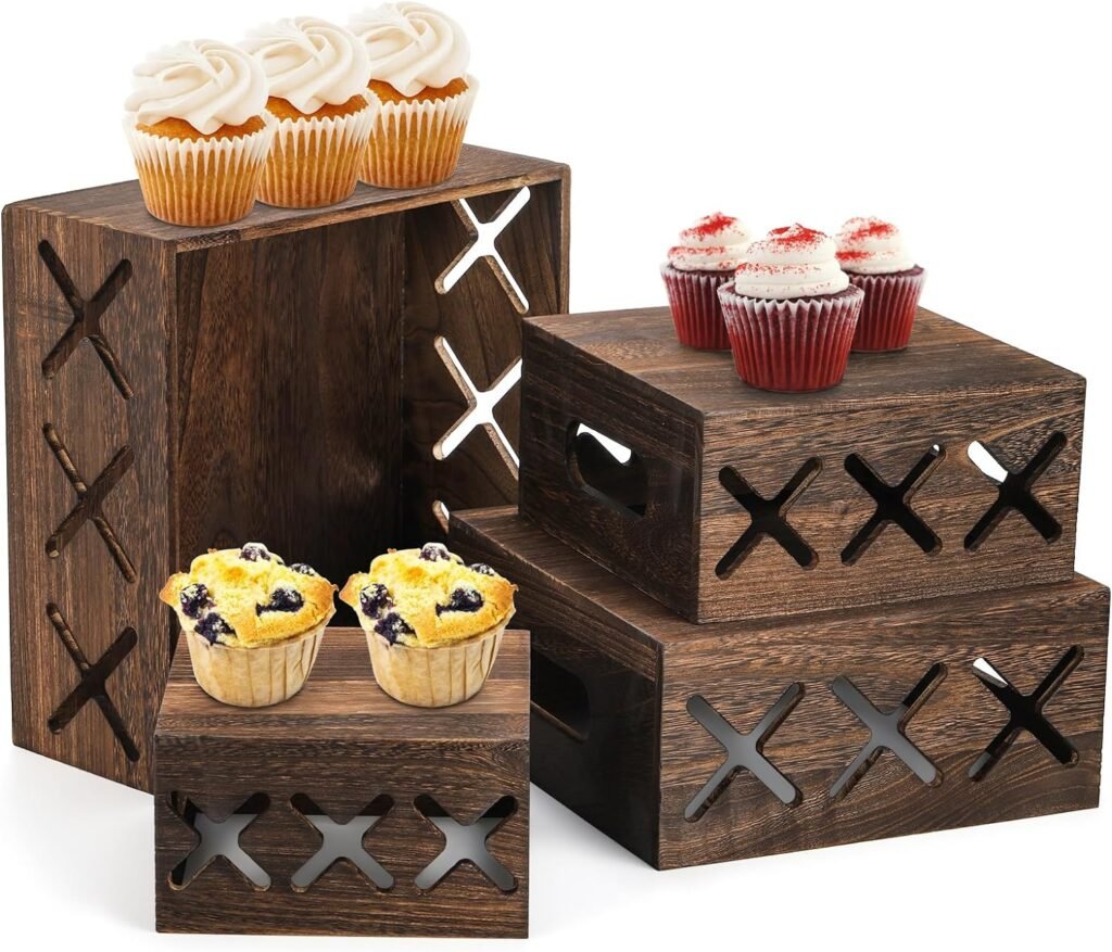 Yarlung Set of 4 Wood Cupcake Display Stand, Rustic Cake Stands Dessert Appetizer Square Risers, Stackable Wooden Crate Storage Box for Party, Thanksgiving Day, Christmas Decor, Nesting 4 Sizes