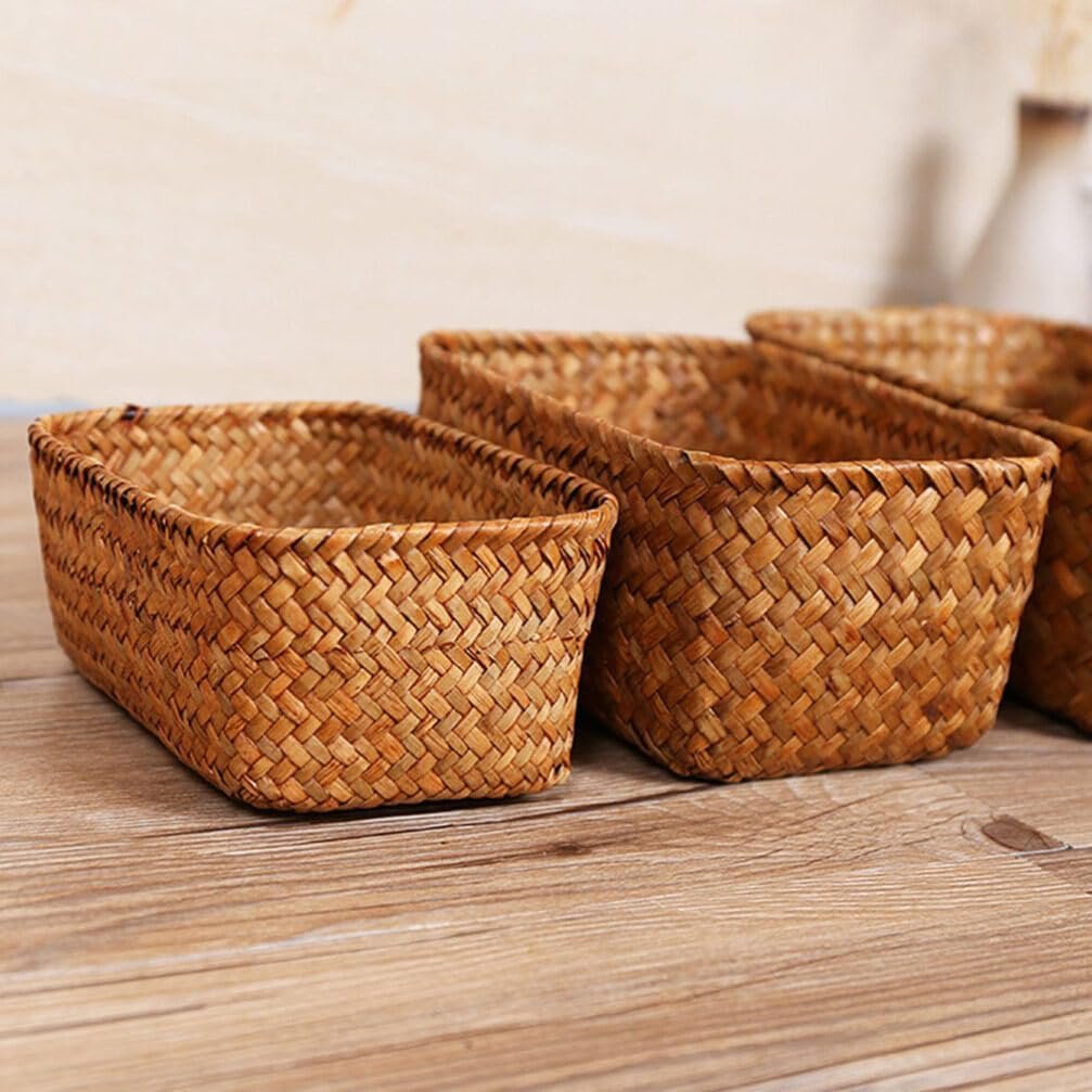 Abaodam Wicker Shelf Baskets Bin Rectangular Hand Woven Wicker Bin Storage Box Small Rustic Home Storage Organizer Container for Toilet Paper Snack