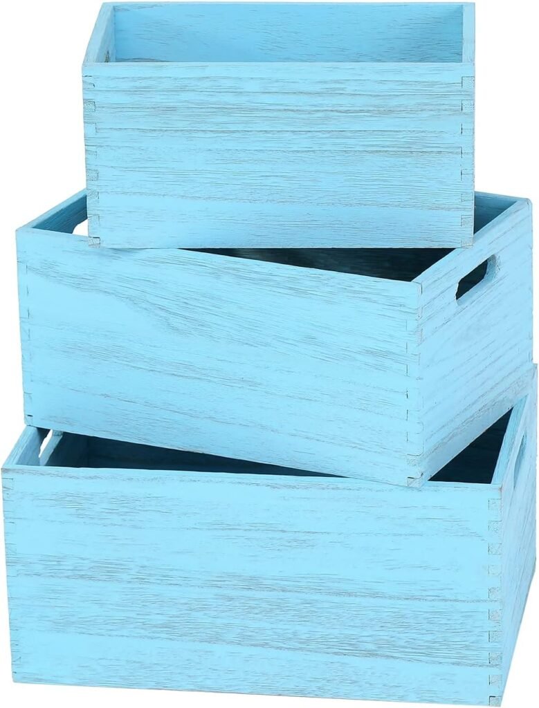 Farmhouse Antique Wood Crate, 3-piece Set Of Storage Containers With Handles For Toys, Fruits, Vegetables And Bread For Parties, Bathrooms And Kitchens (Country Blue)