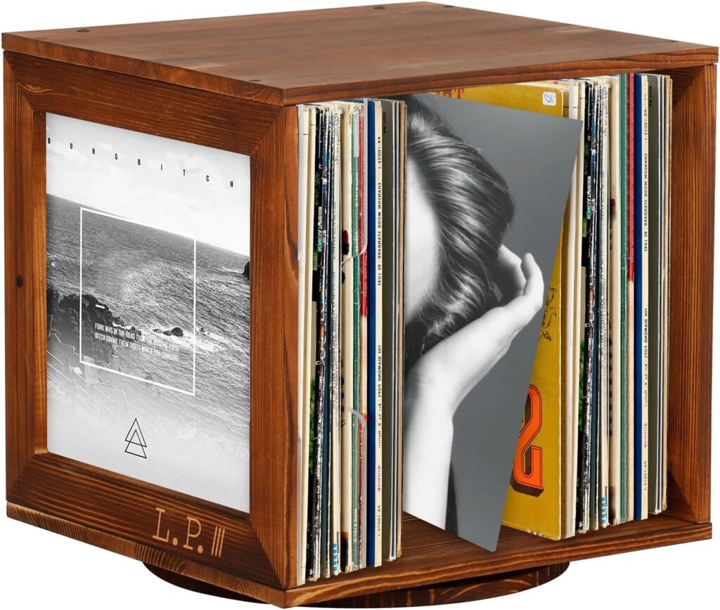 Rotating Vinyl Record Storage, Wooden Album Storage for Vinyl Records, Record Album Storage Cube Stackable Vinyl Record Crate Display Box Storage 60 Albums