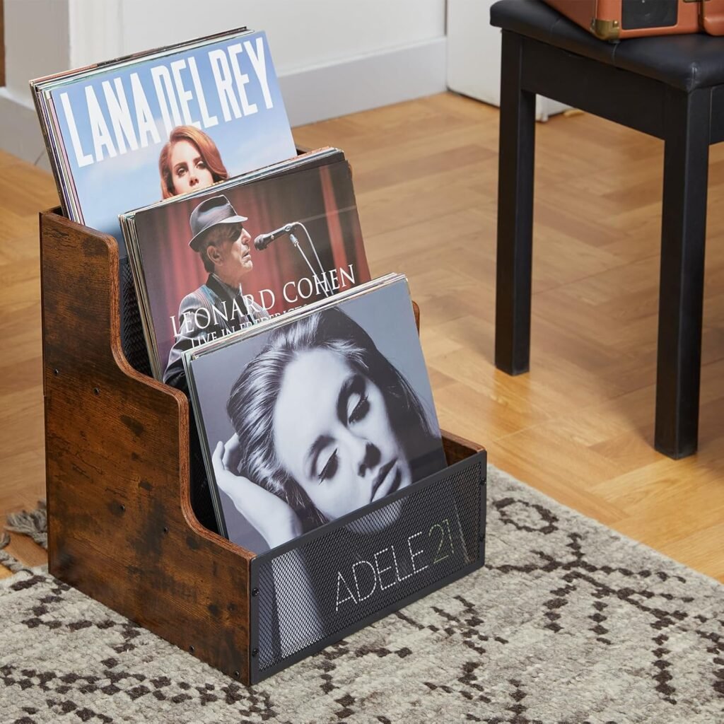 Vinyl Record Storage Holder, Stepped 3 Tier LP Vinyl Record Crate with Metal Grid, Wooden Album Storage Desktop Organizer Box for Vinyl, Rustic Brown  Black (Patent Pending)