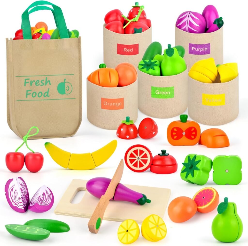 Wooden Play Food Set Color Sorting Toys, Pretend Food for Play Kitchen Accessories Toddler Fruit Veggies Cutting Toy, Grocery Store Pretend Play for Kids Kitchen