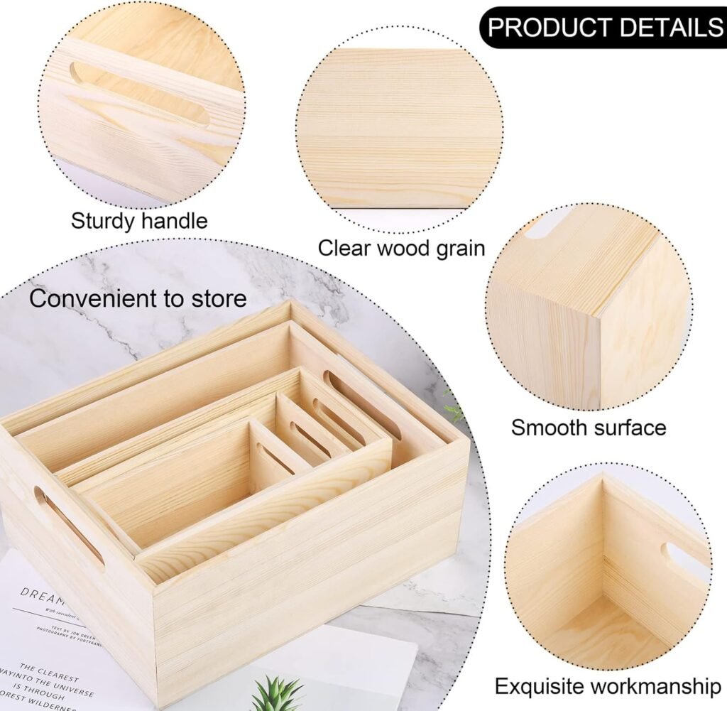 Aodaer 5 Packs Unfinished Wood Box Wood Crates Cutout Handles DIY Decorative Nesting Wood Box Treasure Box for Crafts, Decoration, Storage (Natural)